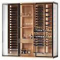 Elegant Modern Wine Cabinet With Wooden Shelves Lighting Wine Bottles And Glasses