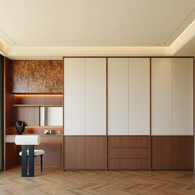 Modern Wooden Wardrobe With White Brown Panels And Drawer Storage In Bedroom Interior 3d model