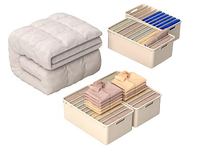 Neatly Organized Folded Clothes With Various Colors In Beige Storage Boxes 3d model