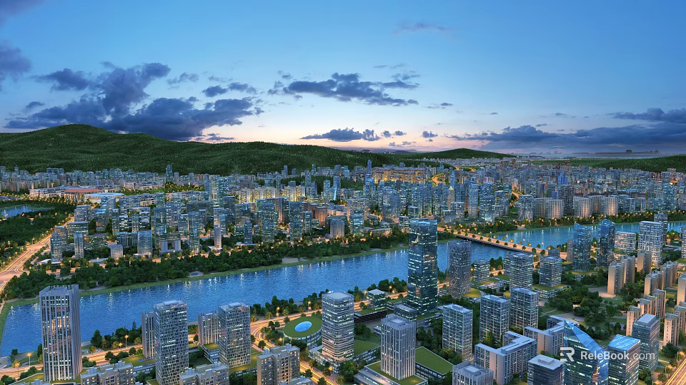 Aerial Urban Planning of Modern City with River Bridge High Rise Buildings and Green Spaces 3d model 