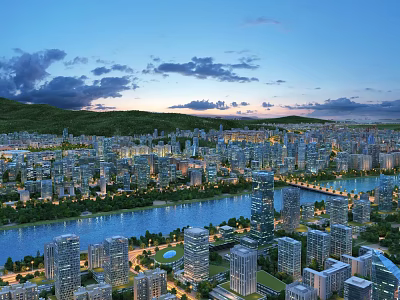 Aerial Urban Planning of Modern City with River Bridge High Rise Buildings and Green Spaces 3d model