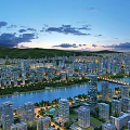 Aerial Urban Planning of Modern City with River Bridge High Rise Buildings and Green Spaces