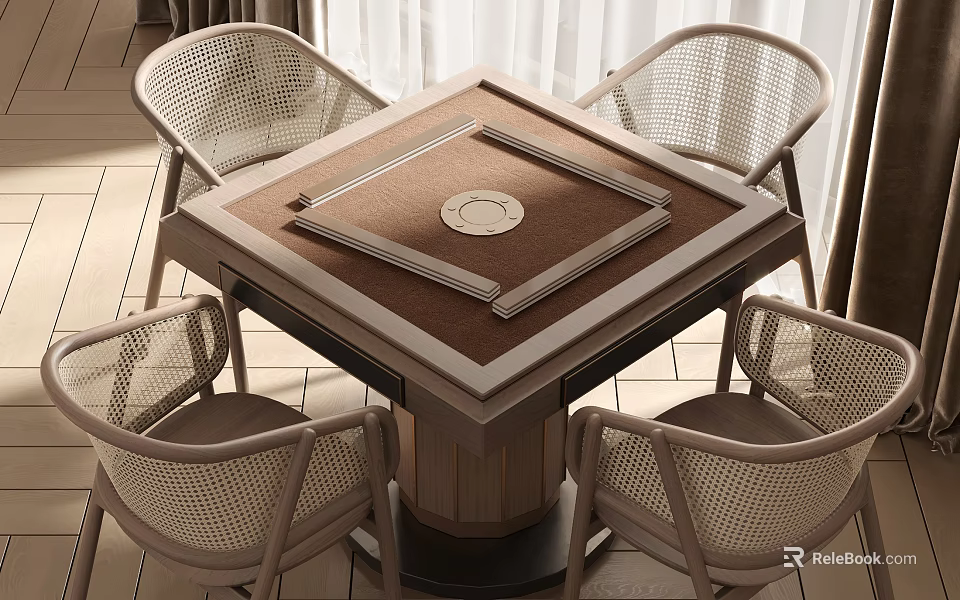 Stylish Wooden Entertainment Table With Round Center And Four Wicker Chairs 3d model 