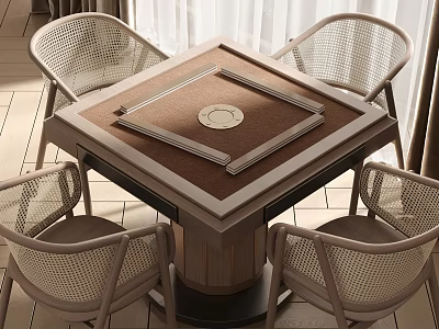 Stylish Wooden Entertainment Table With Round Center And Four Wicker Chairs 3d model