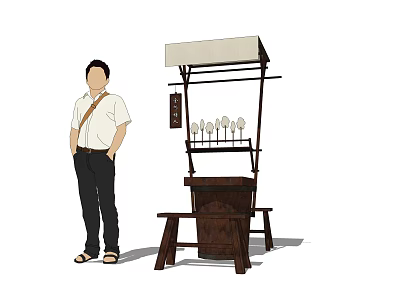Man Standing By Street Food Stall With Canopy Wooden Rack Skewered Snacks And Small Stool 3d model