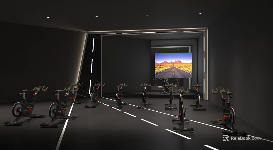Indoor Spin Fitness Class With Multiple Bikes And Large Screen Studio 3d model 