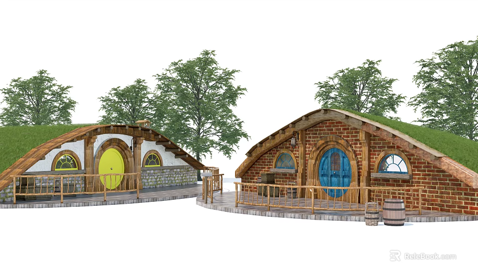 Hobbit Style Wooden House With Green Grass Roof Colorful Doors Wooden Fence And Trees Around 3d model 