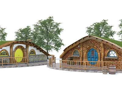 Hobbit Style Wooden House With Green Grass Roof Colorful Doors Wooden Fence And Trees Around 3d model
