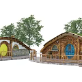 Hobbit Style Wooden House With Green Grass Roof Colorful Doors Wooden Fence And Trees Around