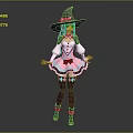 Game Movie Character With Witch Hat Pink Blue Dress White Top Black Stockings Bow Decorations