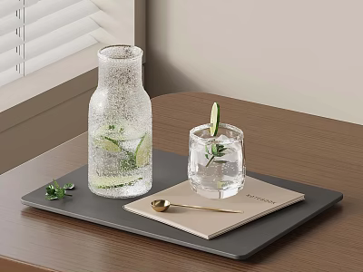 Refreshing Water With Lemon Slices In Glass Bottle And Cup On Black Tray Wooden Table 3d model