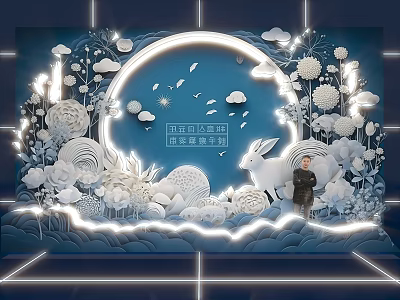 Neon Decorated Photo Spot With Rabbit And Floral On Blue Background 3d model