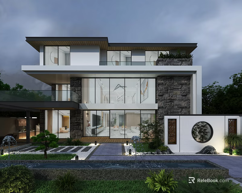 Modern Detached Villa Exterior With Large Glass Walls Stone Accents And Courtyard Greenery 3d model 