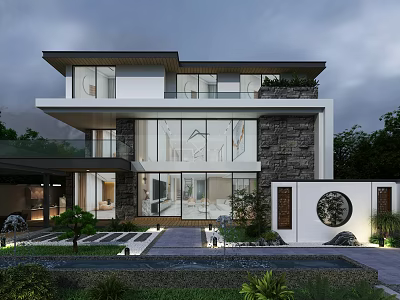 Modern Detached Villa Exterior With Large Glass Walls Stone Accents And Courtyard Greenery 3d model