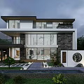Modern Detached Villa Exterior With Large Glass Walls Stone Accents And Courtyard Greenery