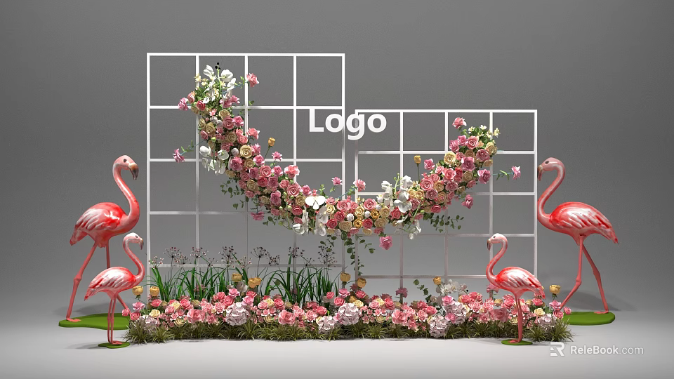 Commercial Equipment White Grid Frame With Logo Pink White Flowers Green Plants And Flamingos 3d model 