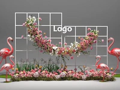 Commercial Equipment White Grid Frame With Logo Pink White Flowers Green Plants And Flamingos 3d model