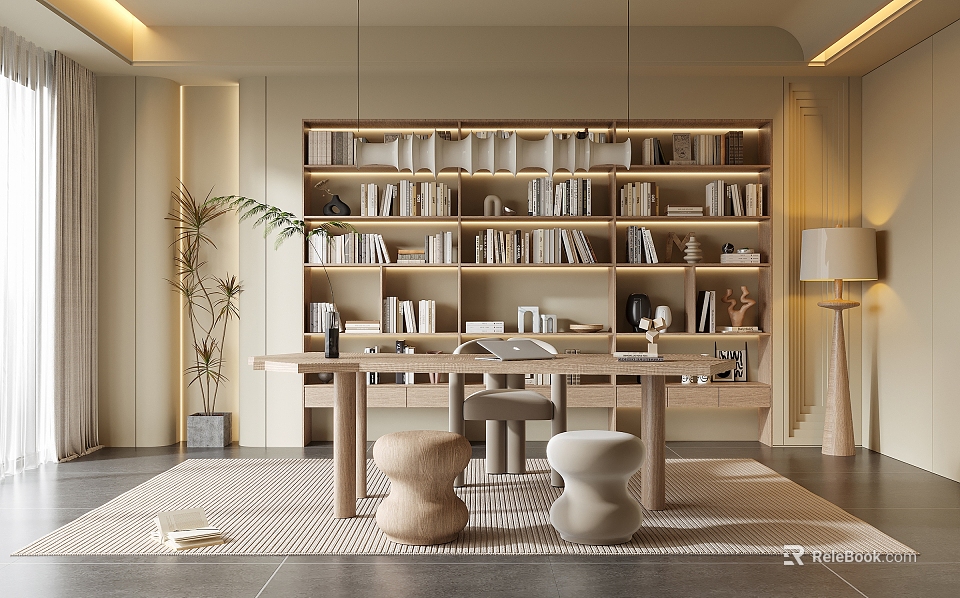 Modern Study Room Interior With Bookshelves Desk Unique Stools And Plants 3d model 