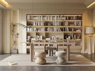 Modern Study Room Interior With Bookshelves Desk Unique Stools And Plants 3d model