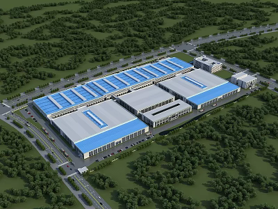 Modern Industrial Factory Building Aerial View With Green Vegetation And Blue Gray Roofs 3d model