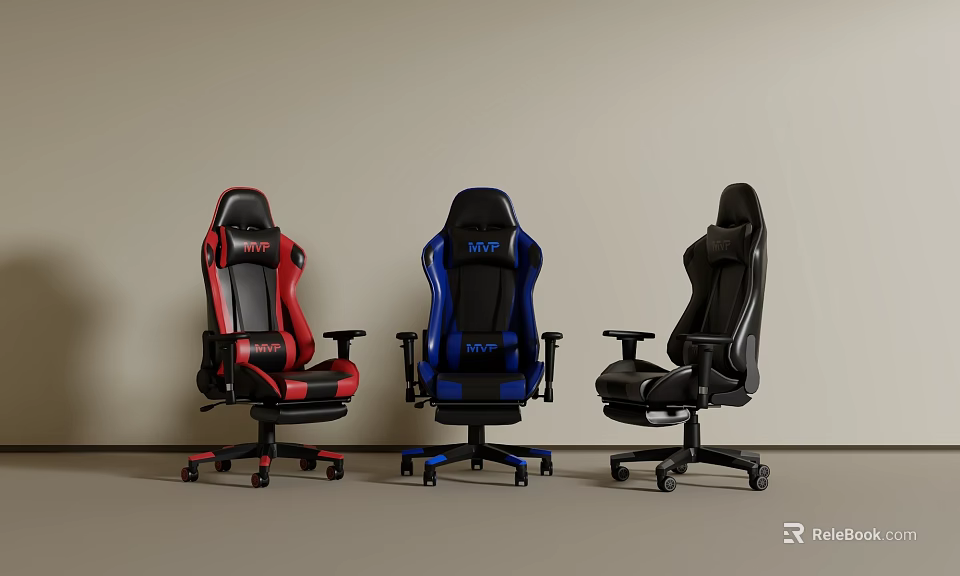 Ergonomic Gaming Chairs in Red Blue Black with MVP Logo and Swivel Wheels 3d model 