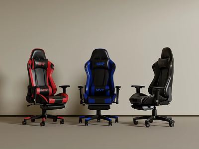 Ergonomic Gaming Chairs in Red Blue Black with MVP Logo and Swivel Wheels 3d model