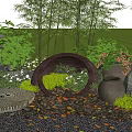 Tranquil Garden Landscape With Stone Lantern Circular Arch Clay Pots And Greenery 3d model