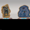Decorative Figurines with Golden Base and Blue Glowing Edges Featuring Cartoon Warrior and Giant Characters