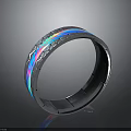 Sleek Modern Silver Metal Ring With Colorful Reflective Stripes And Cracked Pattern Design