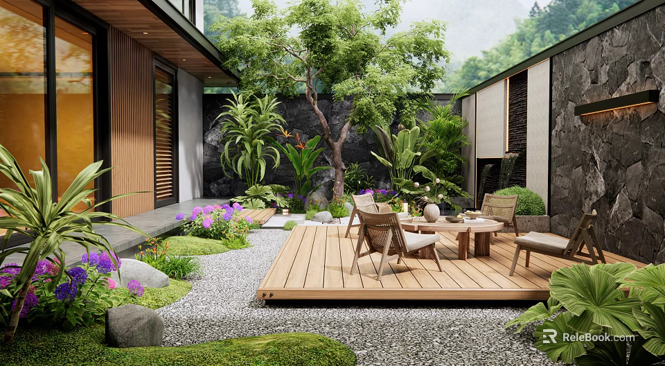 Serene Courtyard Garden With Wooden Deck Outdoor Furniture Lush Plants And Stones 3d model 