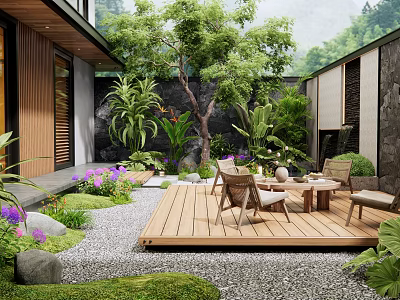 Serene Courtyard Garden With Wooden Deck Outdoor Furniture Lush Plants And Stones 3d model