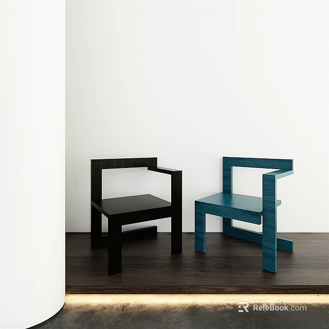 Modern Minimalist Leisure Chairs With Square Frame Black And Blue Design On Dark Wooden Floor 3d model 