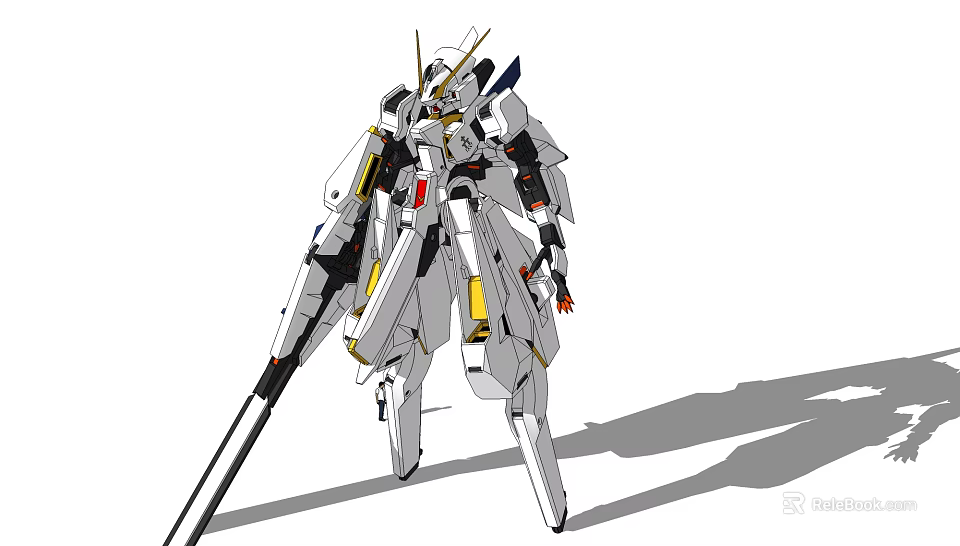 Futuristic White And Yellow Mecha Robot With Long Weapon And Detailed Armor 3d model 