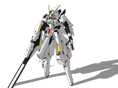 Futuristic White And Yellow Mecha Robot With Long Weapon And Detailed Armor 3d model