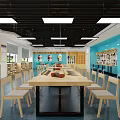 School Art Learning Classroom With Blue Walls Long Wooden Tables Wooden Chairs And Display Shelves