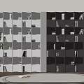Modern Two Tone Bookcase With Geometric Shelves Lighting Books And Indoor Plant