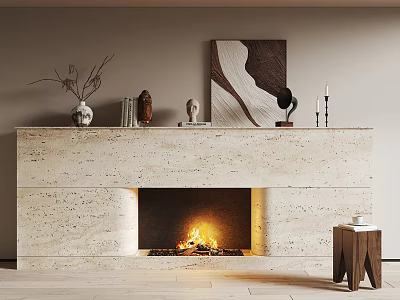 Stylish Travertine Fireplace With Art Decor And Wooden Side Table 3d model