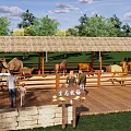 Outdoor Animal Enclosure With Thatched Roof Shelter Camels Horses And Wooden Deck Where People Interact