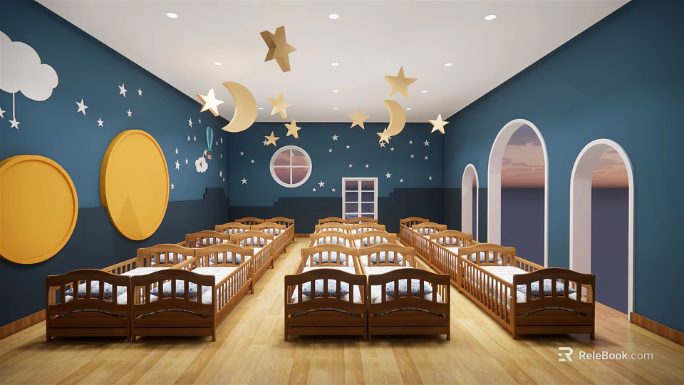 Kindergarten Naptime Room with Wooden Cribs Star Moon Decorations Blue Walls and Arched Windows 3d model 