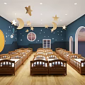 Kindergarten Naptime Room with Wooden Cribs Star Moon Decorations Blue Walls and Arched Windows
