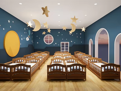 Kindergarten Naptime Room with Wooden Cribs Star Moon Decorations Blue Walls and Arched Windows 3d model