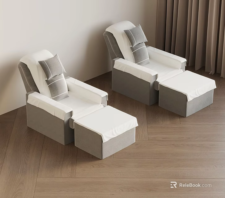 Two Light Colored Recliner Chairs With Ottoman And Pillows On Wooden Floor 3d model 