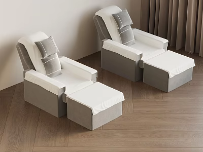 Two Light Colored Recliner Chairs With Ottoman And Pillows On Wooden Floor 3d model