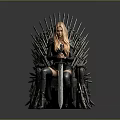 Woman Sitting On Iron Throne With Long Blonde Hair Holding Sword In Black Outfit Boots