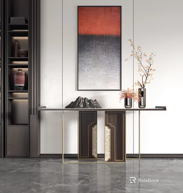 Elegant Console Table Interior With Artwork Vase Branches Mountain Decor And Cabinet 3d model 