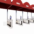 Public Transportation Facility With Red Canopies And Multiple Ticket Check Turnstiles