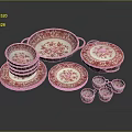 Red and White Floral Pattern Dinnerware Set With Plates Bowls Cups and Trays 3d model