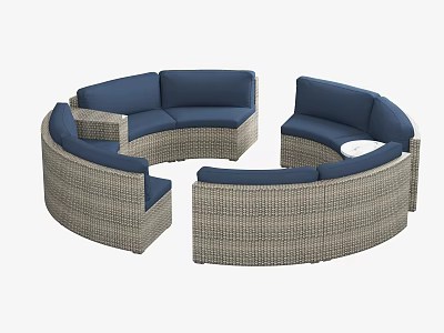 Modular Semicircular Outdoor Sofa with Gray Wicker Frame Blue Cushions and Small Round Table 3d model