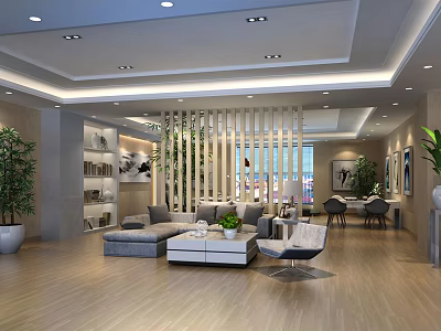 Modern Office Interior With Spacious Layout Wooden Flooring Sofa Coffee Table Plants Bookshelves And Lighting 3d model