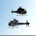 Two White Blue Helicopters Flying High In Clear Blue Sky With Modern Design